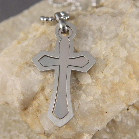 Stainless Steel Double Cross Necklace with Ball Chain